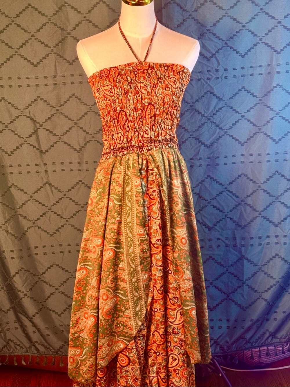 Smocked Strapless Paisley Maxi Dress in Rust and Green
